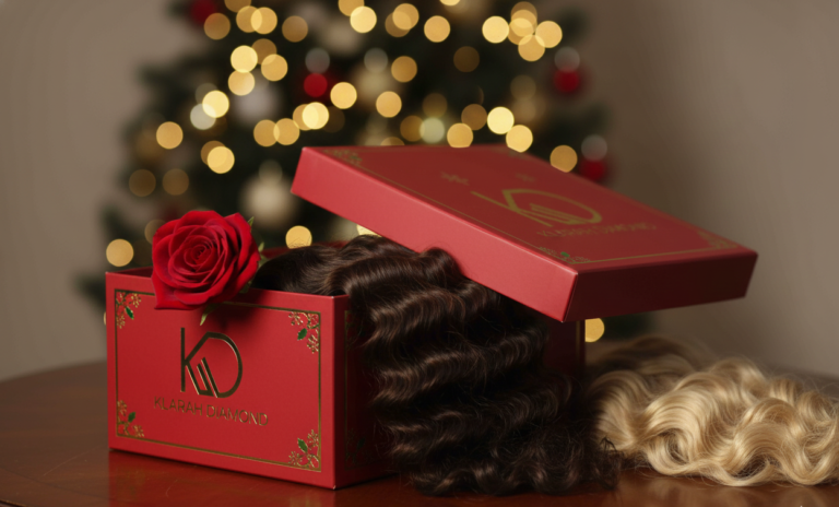 “Luxury holiday wig gift box with festive ribbon and handwritten card” “Unboxing a holiday wig gift, showing excitement and happiness” “Friend giving another friend a luxury wig gift for the holidays”